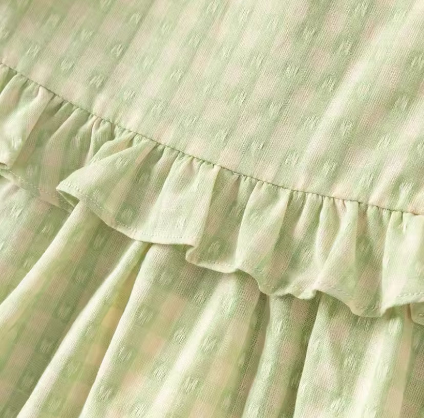 dave&bella デイブベラ ポシェット付き刺繍襟グリーンワンピース DB2252325