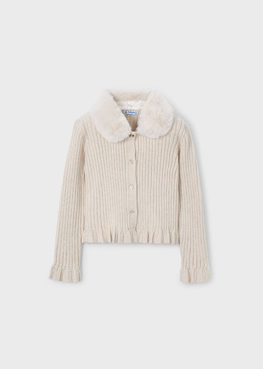 Mayoral Faux fur collar cardigan sand
