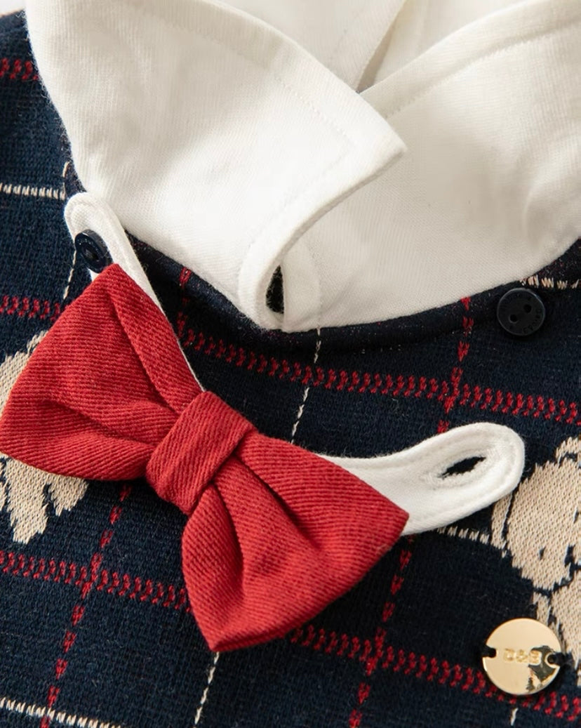 【73cm last one】dave&bella デイブベラ ボウタイ付きテディベアチェックトップス&パンツセット DB4237710