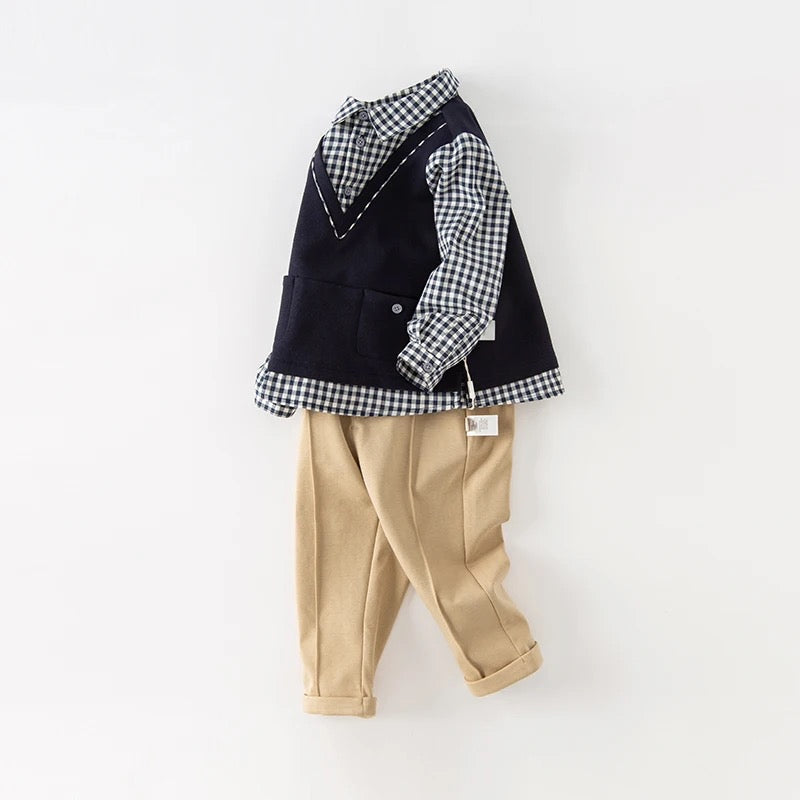 【80cm last one】dave&bella デイブベラ ネイビーベストドッキングシャツ&パンツセット DB3237078