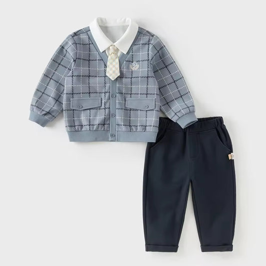 【予約】dave&bella デイブベラ ネクタイ付きチェックカーディガンドッキングトップス&パンツセット DB3253183