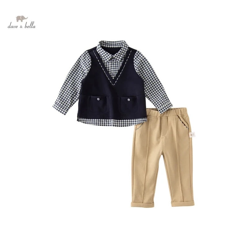 【80cm last one】dave&bella デイブベラ ネイビーベストドッキングシャツ&パンツセット DB3237078