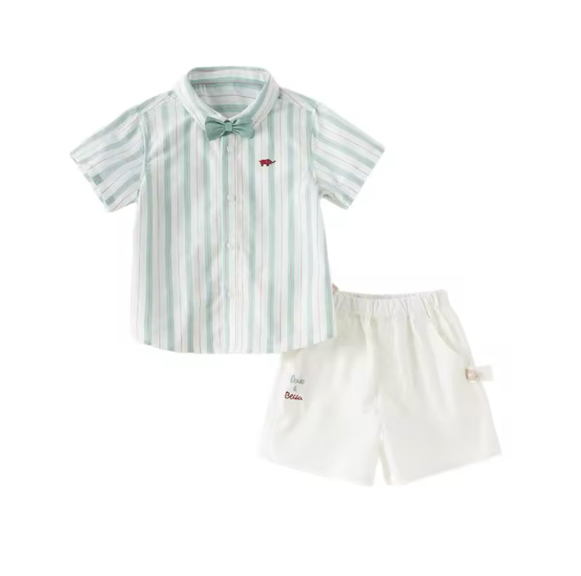 【110cm last one】dave&bella デイブベラ ボウタイ付きグリーンストライプシャツ&ハーフパンツセット DB2251372
