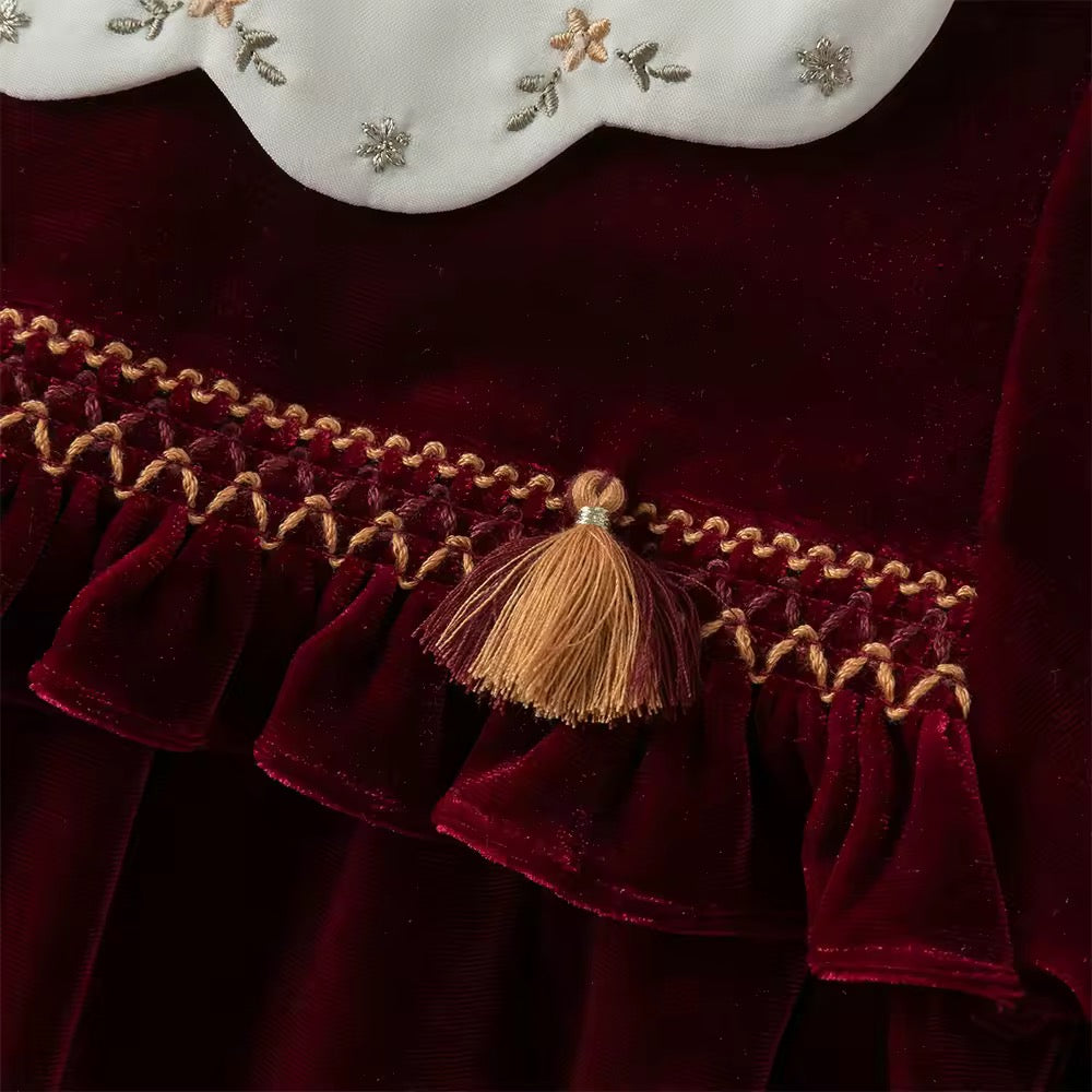 【予約】dave&bella デイブベラ 刺繍襟ワインレッドベロアワンピース DB3253130