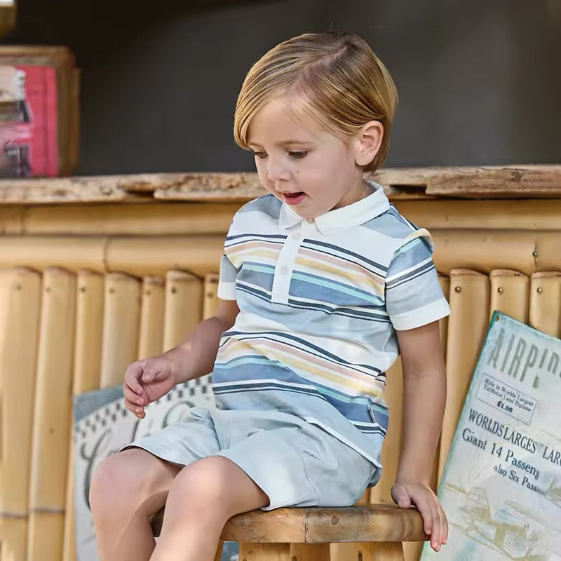 dave&bella デイブベラ ブルーオレンジボーダートップス&ハーフパンツセット DB2250220