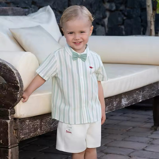 【110cm last one】dave&bella デイブベラ ボウタイ付きグリーンストライプシャツ&ハーフパンツセット DB2251372