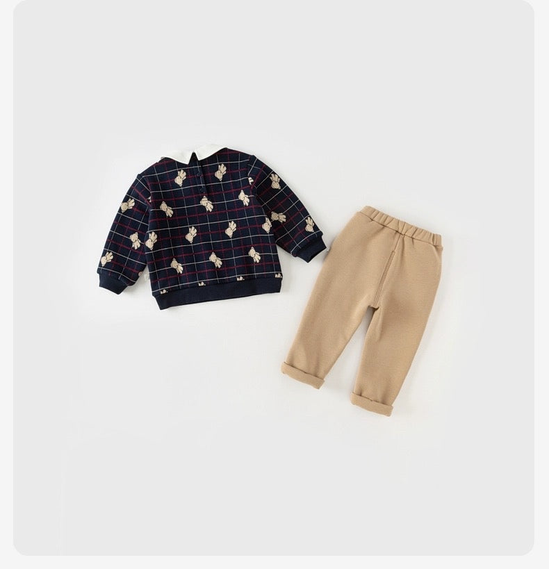 【73cm last one】dave&bella デイブベラ ボウタイ付きテディベアチェックトップス&パンツセット DB4237710