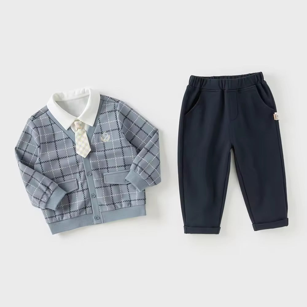 【予約】dave&bella デイブベラ ネクタイ付きチェックカーディガンドッキングトップス&パンツセット DB3253183