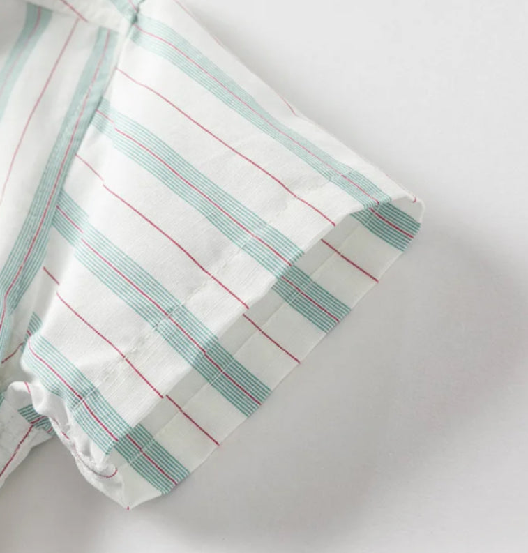 【110cm last one】dave&bella デイブベラ ボウタイ付きグリーンストライプシャツ&ハーフパンツセット DB2251372