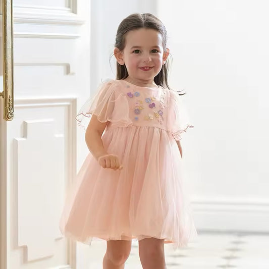 dave&bella デイブベラ フラワー刺繍ピンクチュールドレス DB2251139