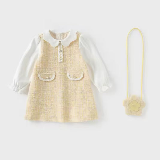 【130cm last one】dave&bella デイブベラ ポシェット付きイエローツイードワンピース DB1250201