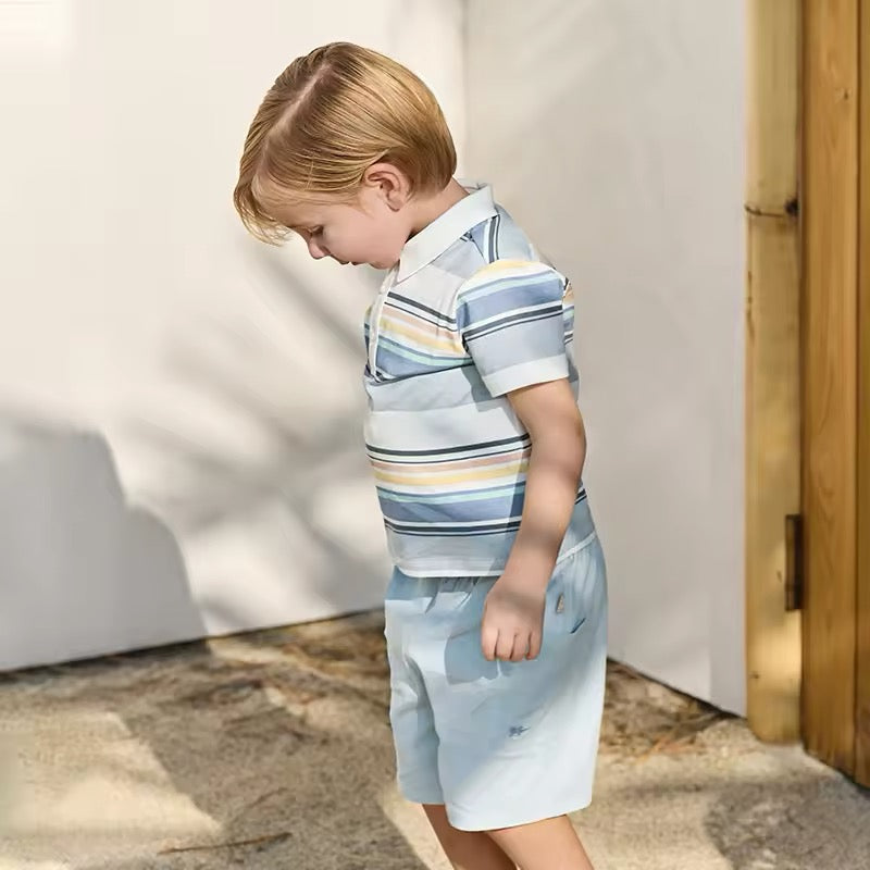 dave&bella デイブベラ ブルーオレンジボーダートップス&ハーフパンツセット DB2250220