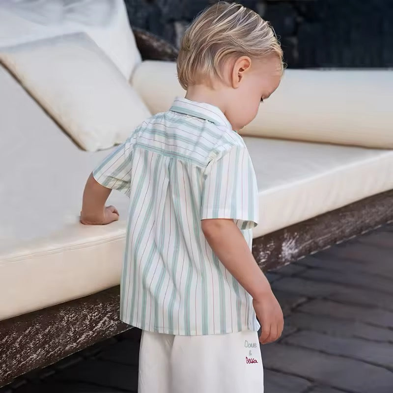 【110cm last one】dave&bella デイブベラ ボウタイ付きグリーンストライプシャツ&ハーフパンツセット DB2251372