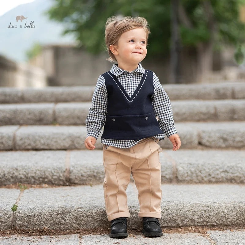【80cm last one】dave&bella デイブベラ ネイビーベストドッキングシャツ&パンツセット DB3237078