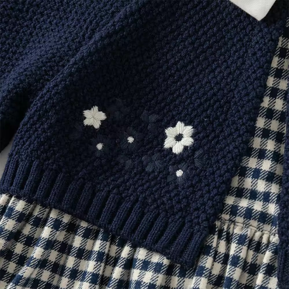 【予約】dave&bella デイブベラ フラワー刺繍カーディガンドッキングチェックワンピース DB3242272