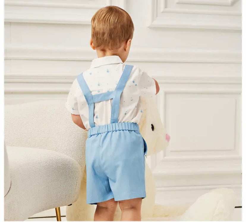 dave&bella デイブベラ ボウタイ付きオーシャンデザインシャツ&サスペンダーライトブルーパンツセット DB2235186 90cm