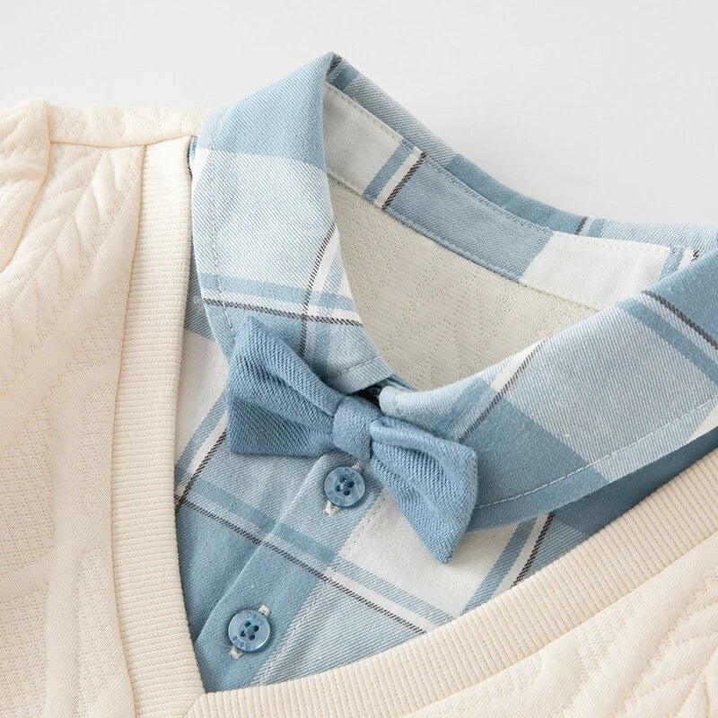 【110cm last one】dave&bella デイブベラ ボウタイ付きブルーチェックシャツドッキングトップス&ブルーパンツセット DB3236317