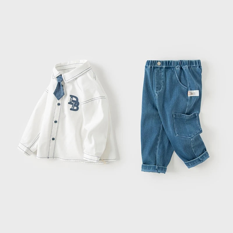 dave&bella デイブベラ ネクタイ付きロゴシャツ&ストレッチデニムパンツセット 90cm