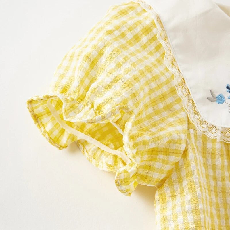 dave&bella デイブベラ フラワー刺繍襟イエローチェックワンピース DB2235406