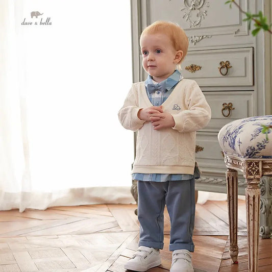 【110cm last one】dave&bella デイブベラ ボウタイ付きブルーチェックシャツドッキングトップス&ブルーパンツセット DB3236317