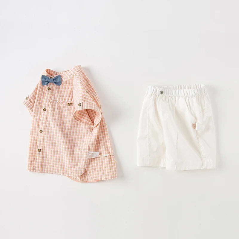 dave&bella デイブベラ ボウタイ付きノーカラーチェックシャツ&ハーフパンツセット DB2233940