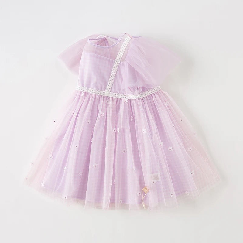 dave&bella デイブベラ フラワーデザインライトパープルチェックワンピース DB2235214