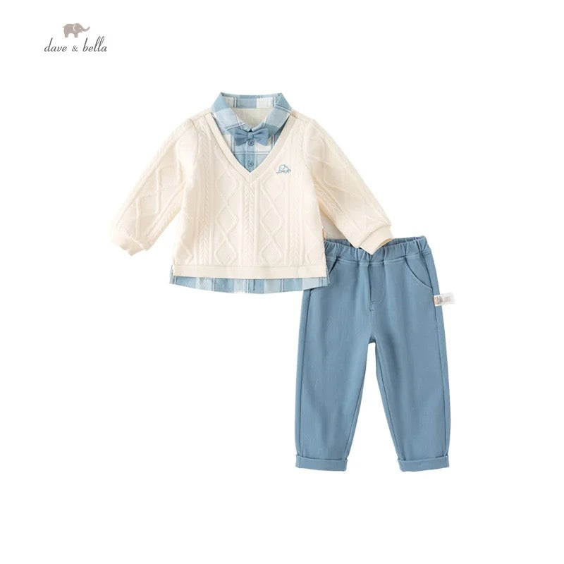 【110cm last one】dave&bella デイブベラ ボウタイ付きブルーチェックシャツドッキングトップス&ブルーパンツセット DB3236317