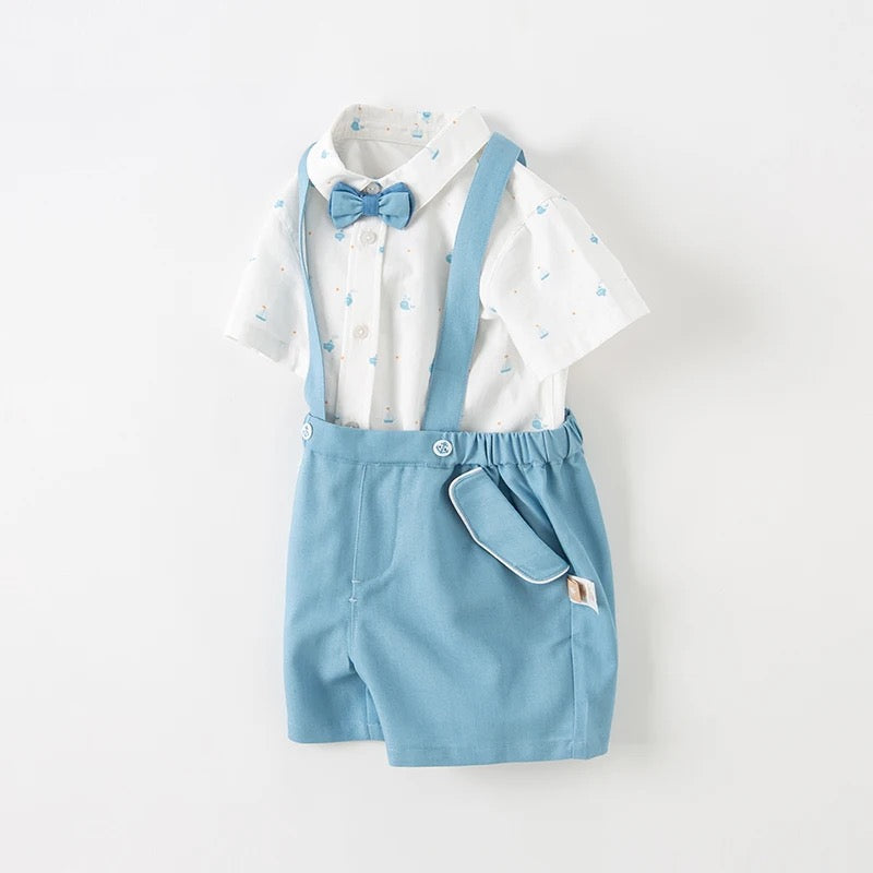dave&bella デイブベラ ボウタイ付きオーシャンデザインシャツ&サスペンダーライトブルーパンツセット DB2235186 90cm