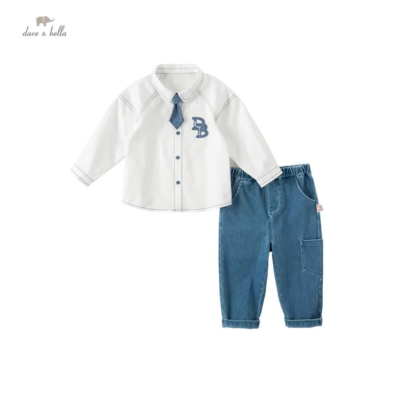 dave&bella デイブベラ ネクタイ付きロゴシャツ&ストレッチデニムパンツセット 90cm