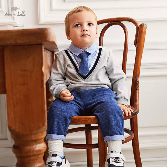 dave&bella Dave Bella Blue Shirt Dock Tops & Pants Set with Tie DB1230339 90cm