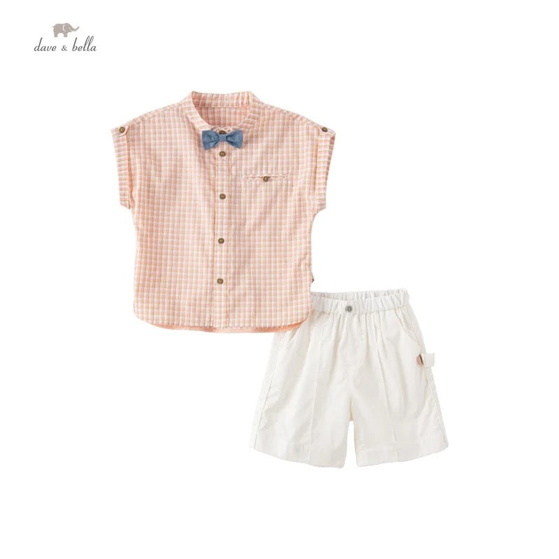 dave&bella デイブベラ ボウタイ付きノーカラーチェックシャツ&ハーフパンツセット DB2233940