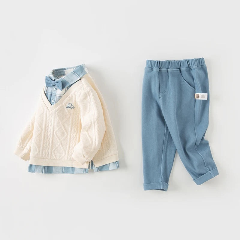 【110cm last one】dave&bella デイブベラ ボウタイ付きブルーチェックシャツドッキングトップス&ブルーパンツセット DB3236317