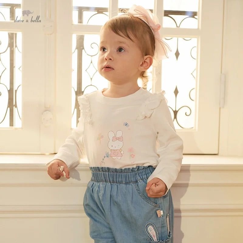 dave&bella Dave Bella Rabbit Illustration Shoulder Ruffle Long T-shirt DB3236095