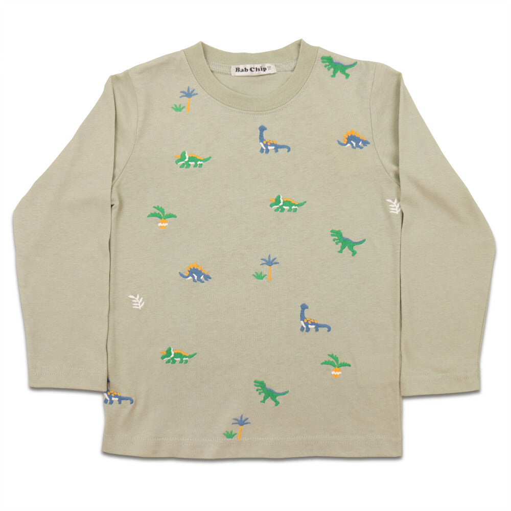 【bab chip】長袖Tシャツ 恐竜 総柄刺繍 綿100%
