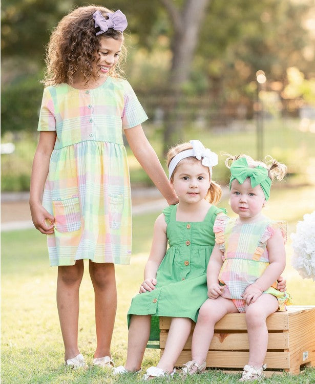 Ruffle Butts Cheerful Rainbow Plaid Pocket Dress