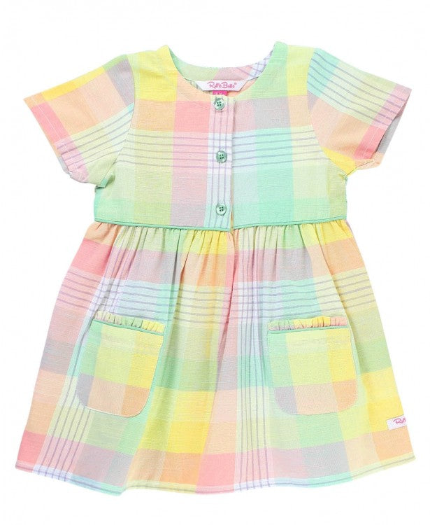 Ruffle Butts Cheerful Rainbow Plaid Pocket Dress