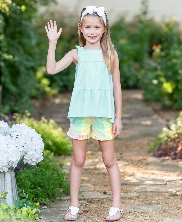 Ruffle Butts Cheerful Rainbow Plaid Ruffle Shorts