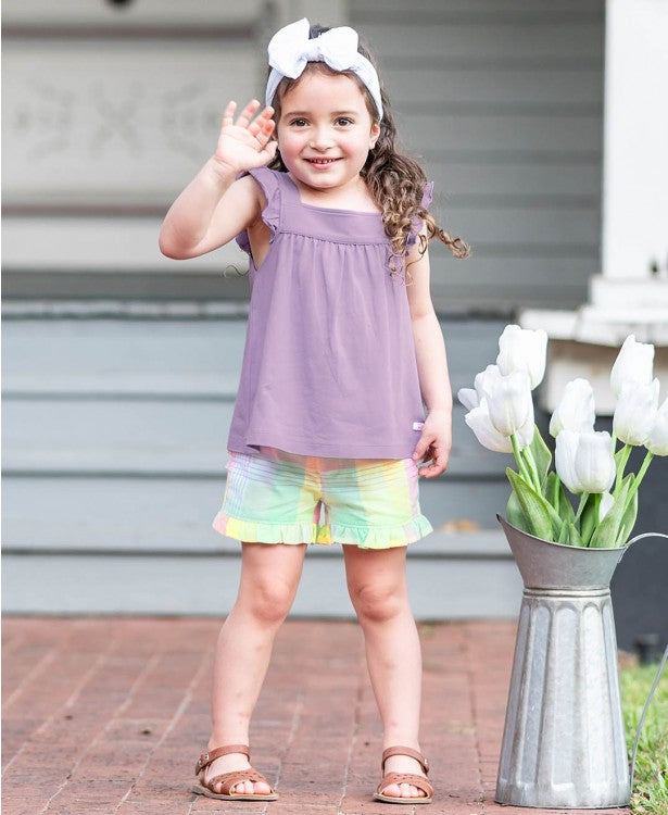 Ruffle Butts Cheerful Rainbow Plaid Ruffle Shorts
