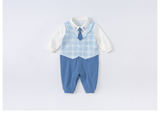 dave&bella Dave Bella Blue check vest docking dressy romper with tie DB1222090