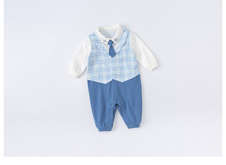 dave&bella Dave Bella Blue check vest docking dressy romper with tie DB1222090