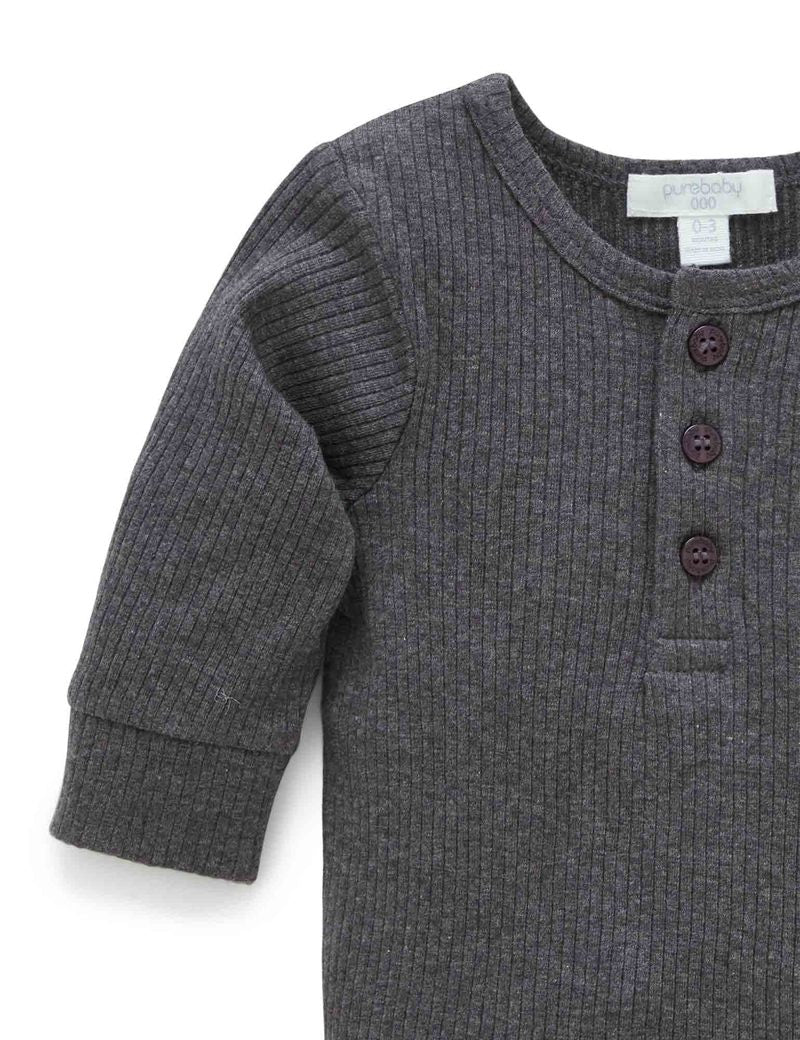 purebaby Purebaby Rib L/Slv Henley Tee Chacoal PBN1000NS