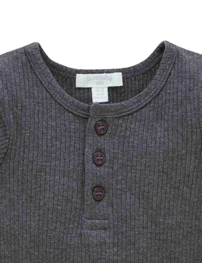 purebaby Purebaby Rib L/Slv Henley Tee Chacoal PBN1000NS