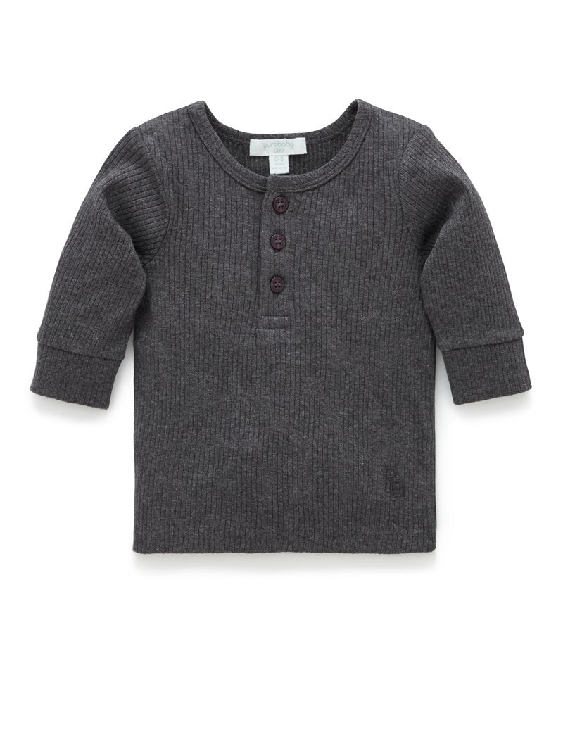 purebaby Purebaby Rib L/Slv Henley Tee Chacoal PBN1000NS