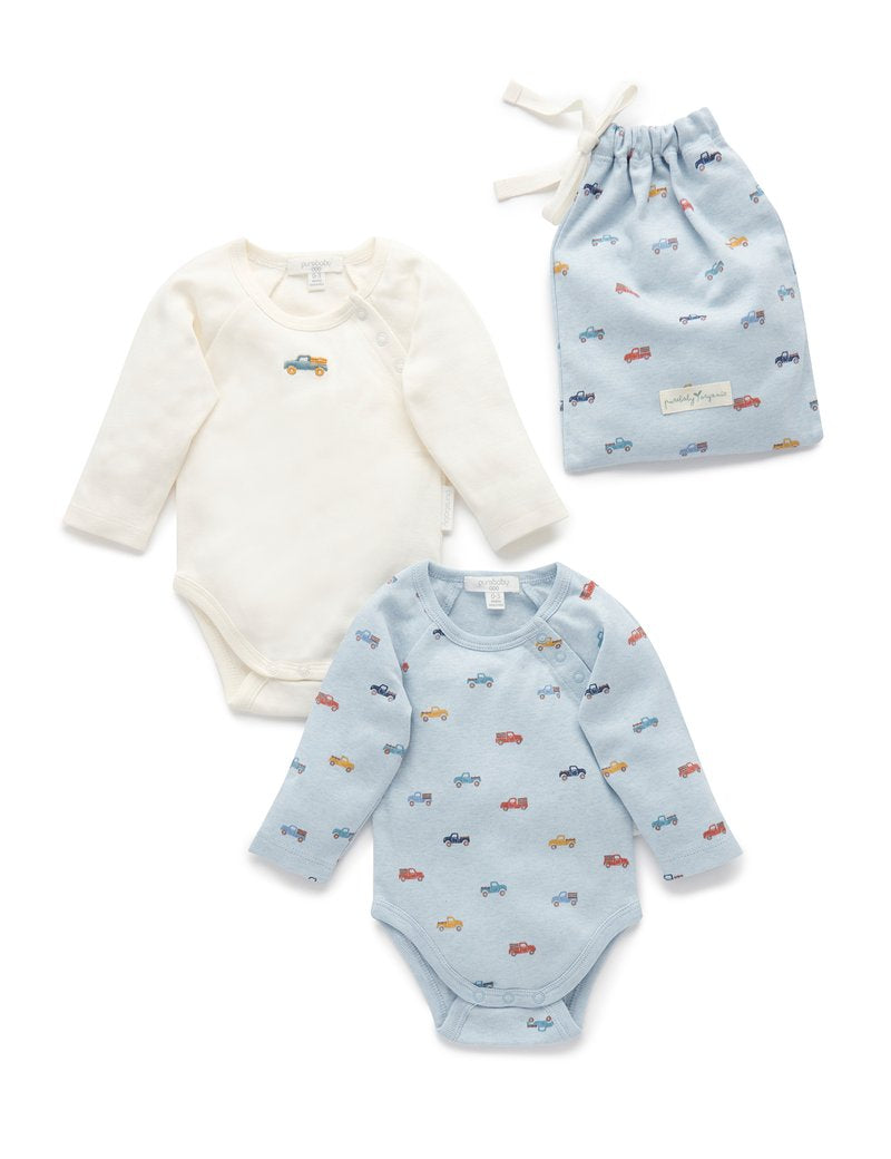 purebaby Purebaby 2 Pack Bodysuit Gift Pack Woodland Truck Print