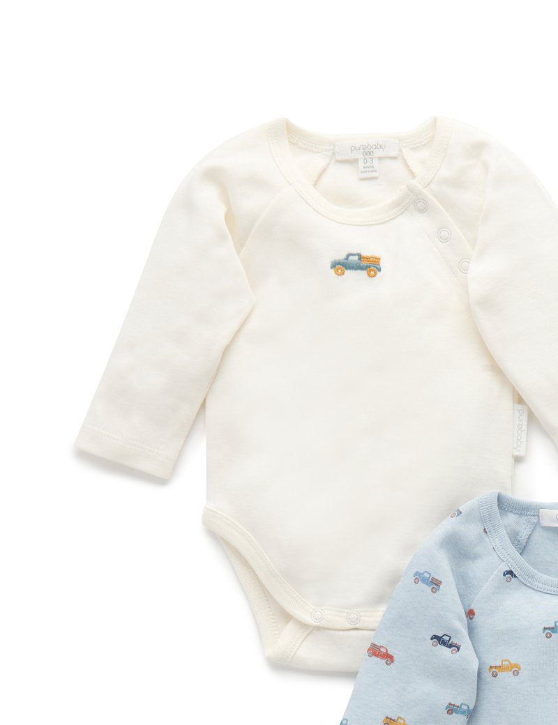 purebaby Purebaby 2 Pack Bodysuit Gift Pack Woodland Truck Print