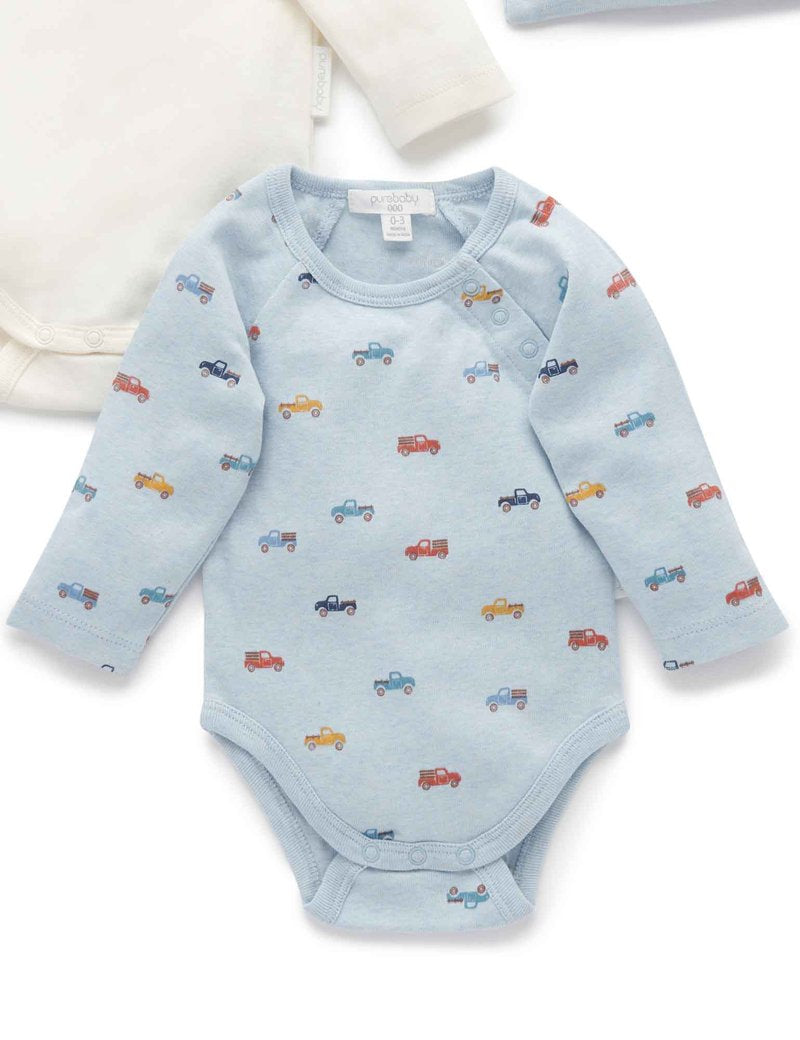 purebaby Purebaby 2 Pack Bodysuit Gift Pack Woodland Truck Print