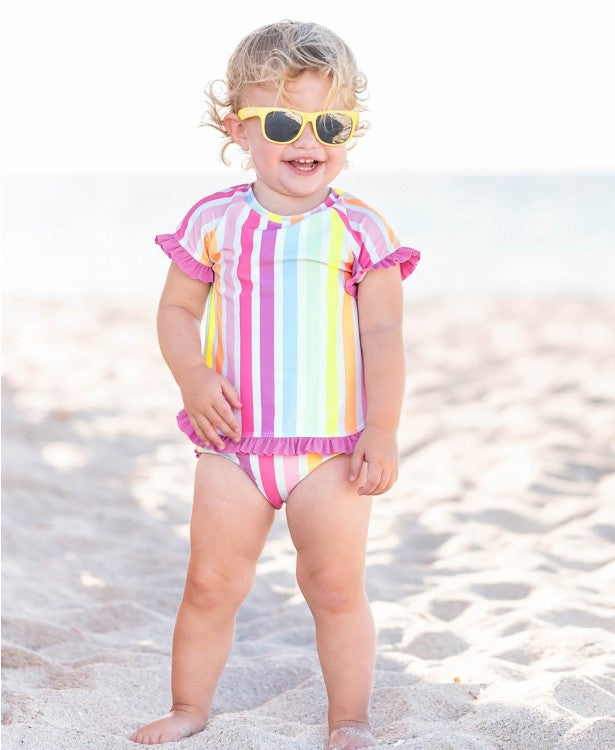 RuffleButts Rainbow Dream Stripe Rash Guard Bikini
