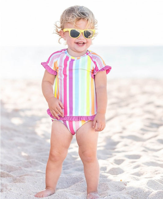 RuffleButts Rainbow Dream Stripe Rash Guard Bikini