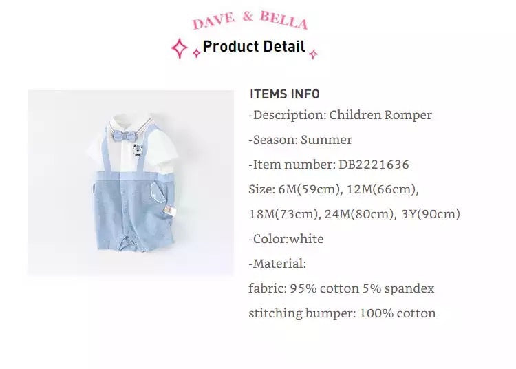 dave&bella デイブベラ ボウタイ付きライトブルーサロペットデザインロンパース DB2221636