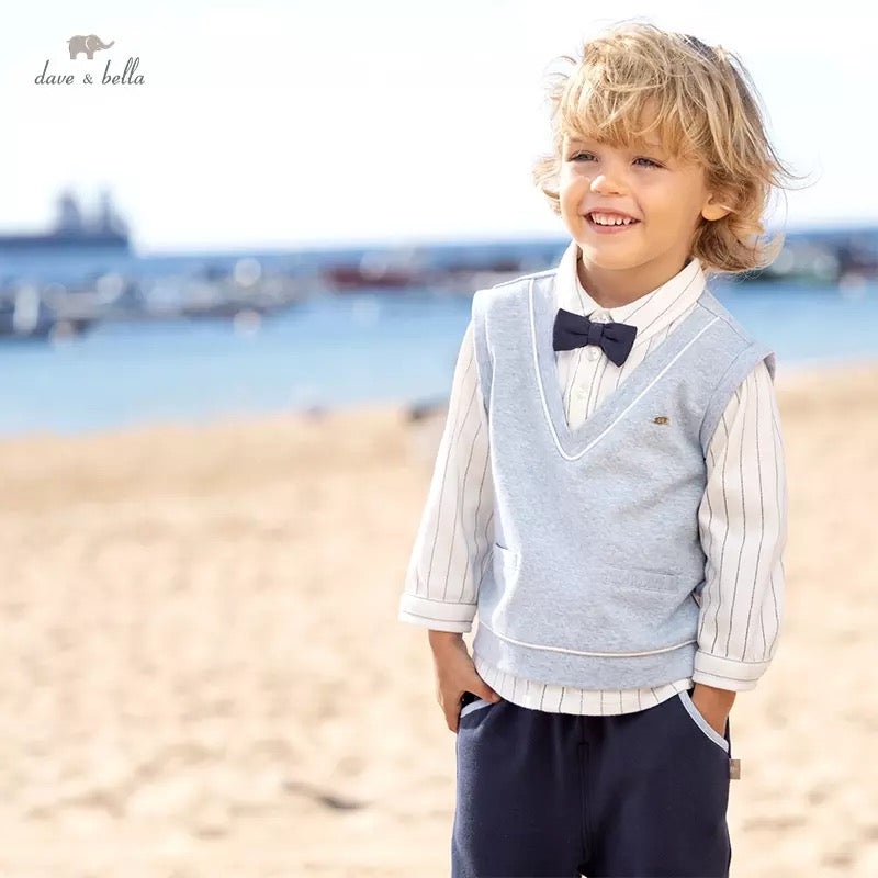 dave&bella デイブベラ ボウタイ付きライトブルーベストドッキングトップス&ネイビーパンツセット DB1220499